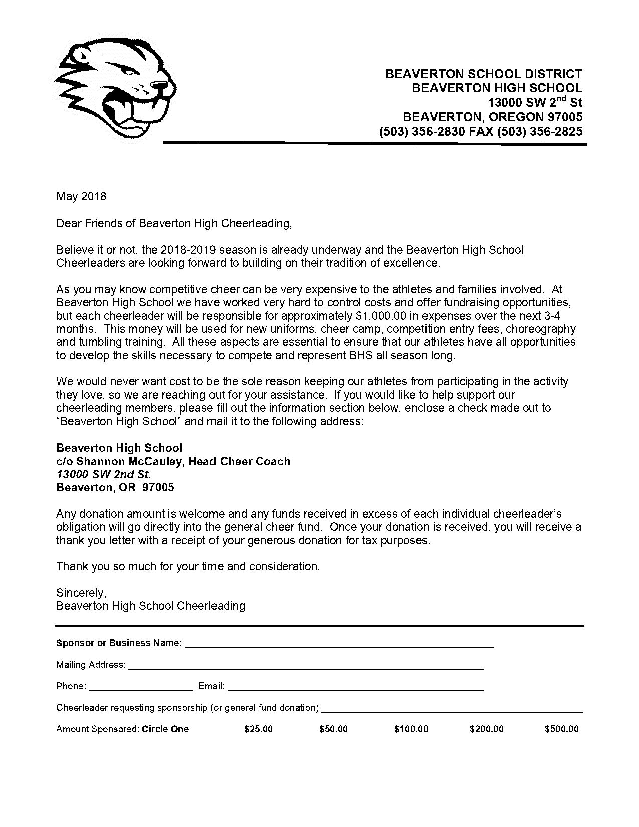 cheerleading donation letter template